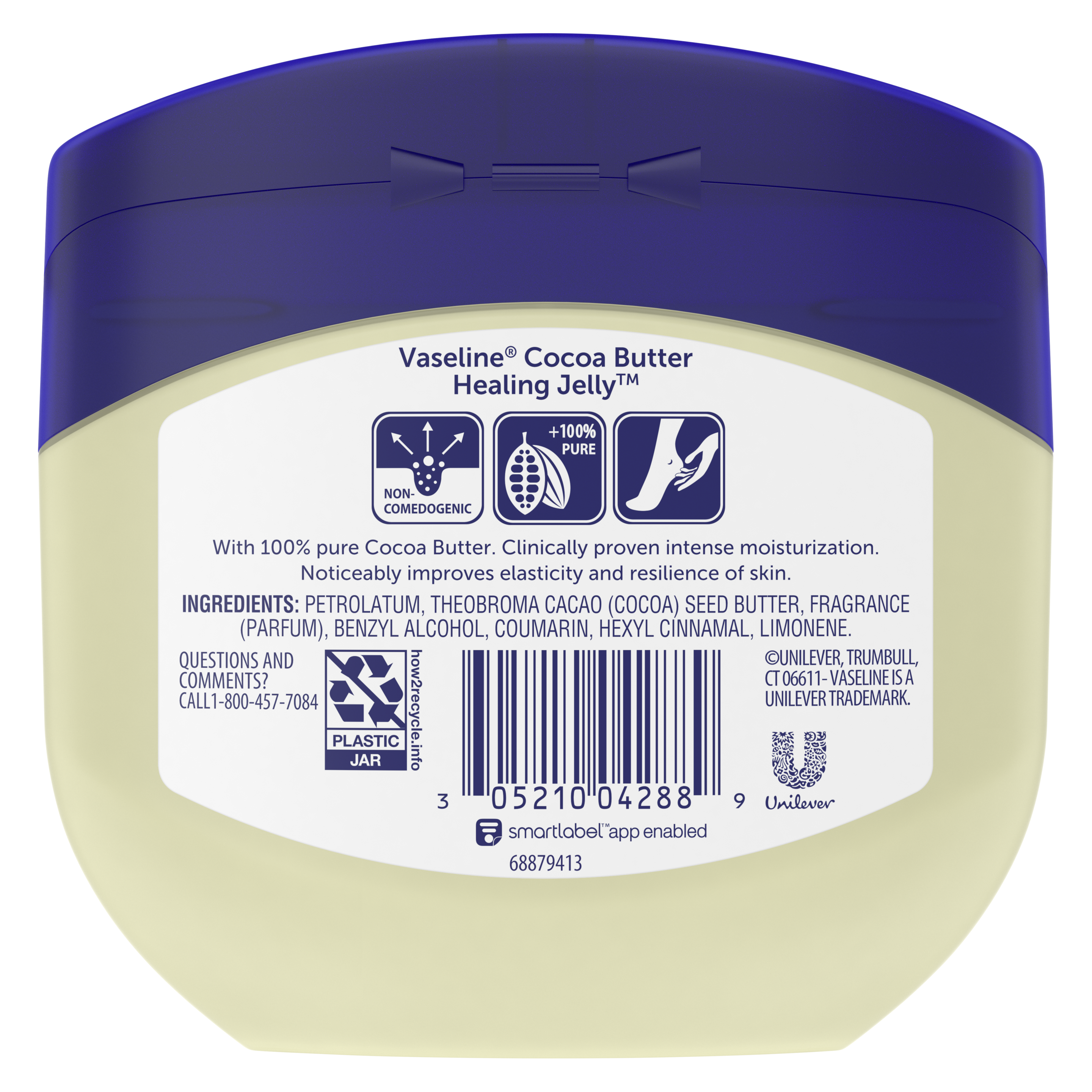 Vaseline® Healing Jelly Jar back of pack, Vaseline Jelly Cocoa Butter Texture, Vaseline Cocoa Butter pack