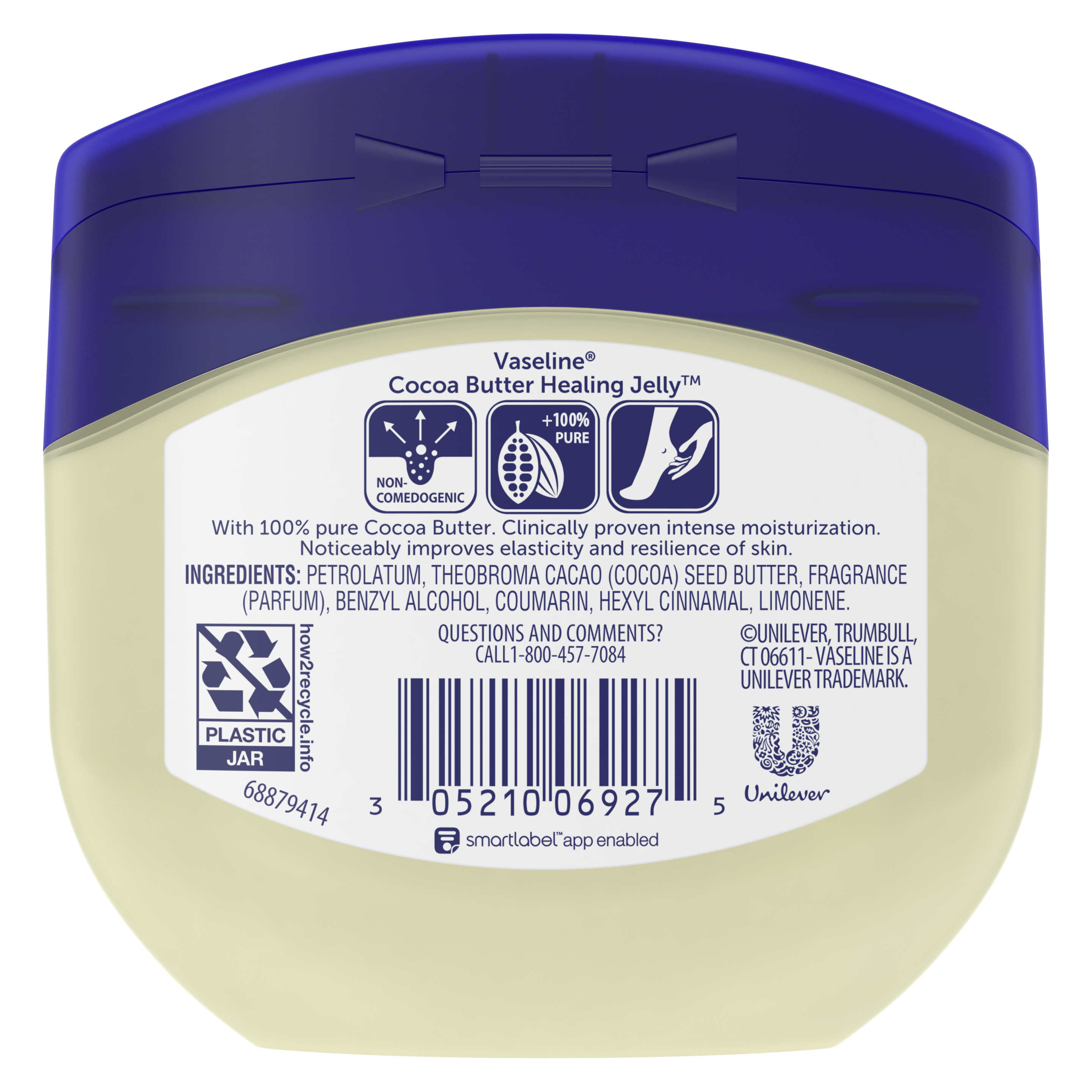 Vaseline® Healing Jelly Jar back of pack, Vaseline Jelly Cocoa Butter Texture, Vaseline Cocoa Butter pack