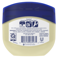 Vaseline® Healing Jelly Jar back of pack, Vaseline Jelly Cocoa Butter Texture, Vaseline Cocoa Butter pack
